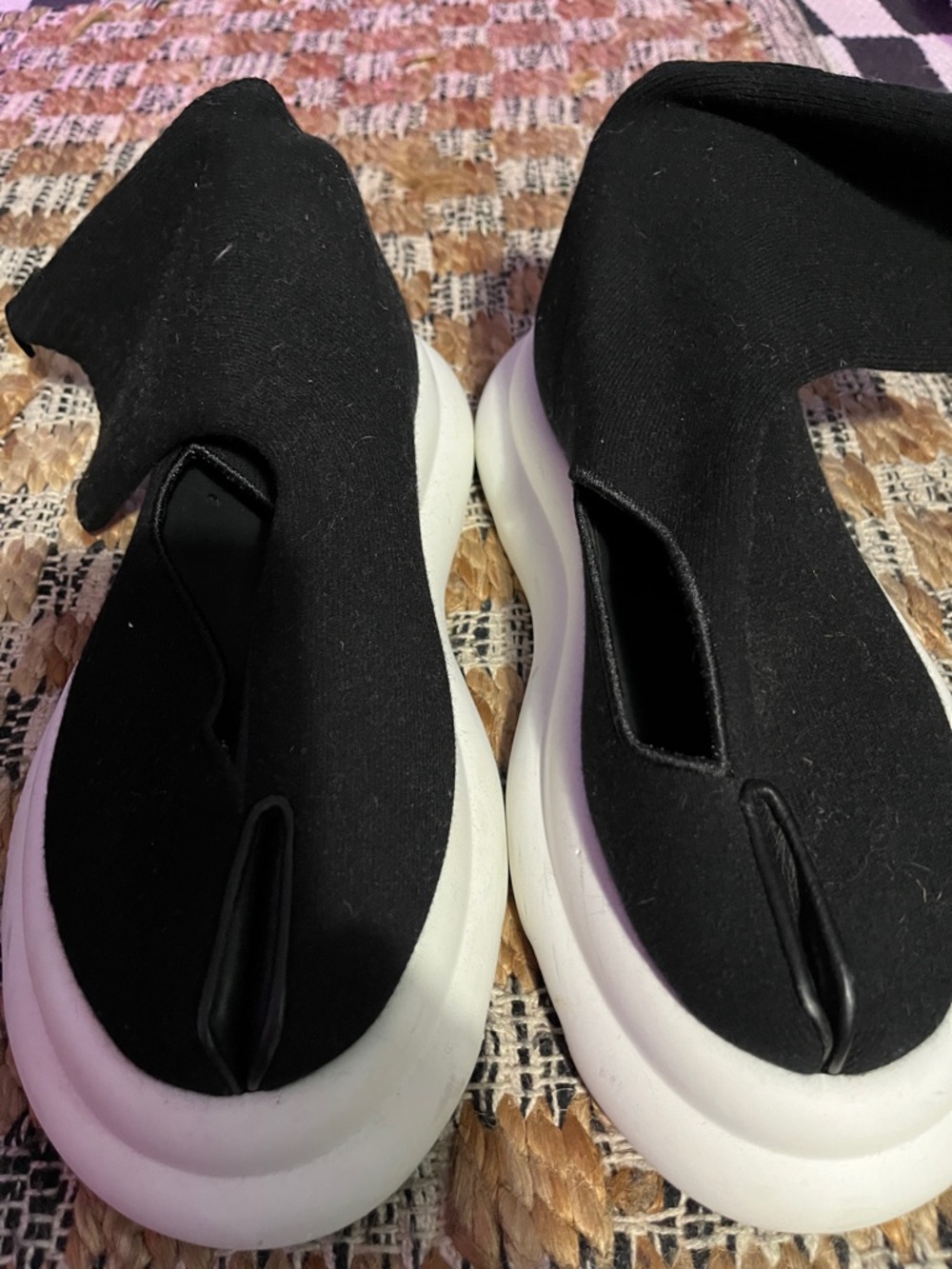 AWAKE MODE Tabi Black Slip-On Knit Sneakers with White Platform Sole